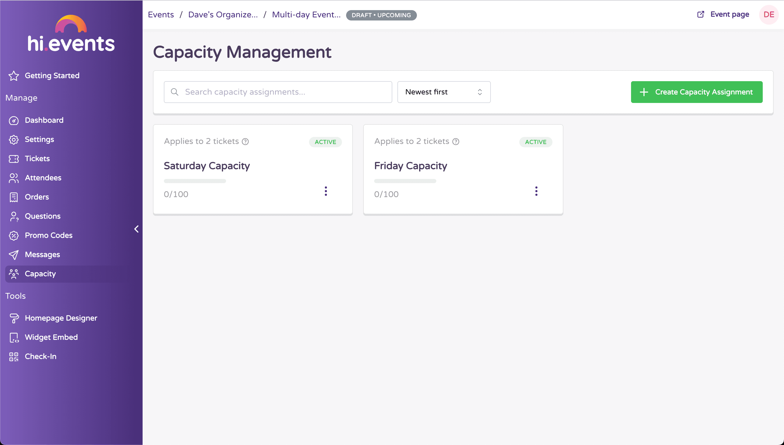 Capacity assignments