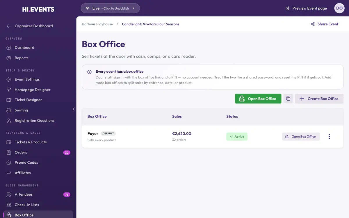 The Box Office tab for a concert, showing the Foyer box office with 32 orders.