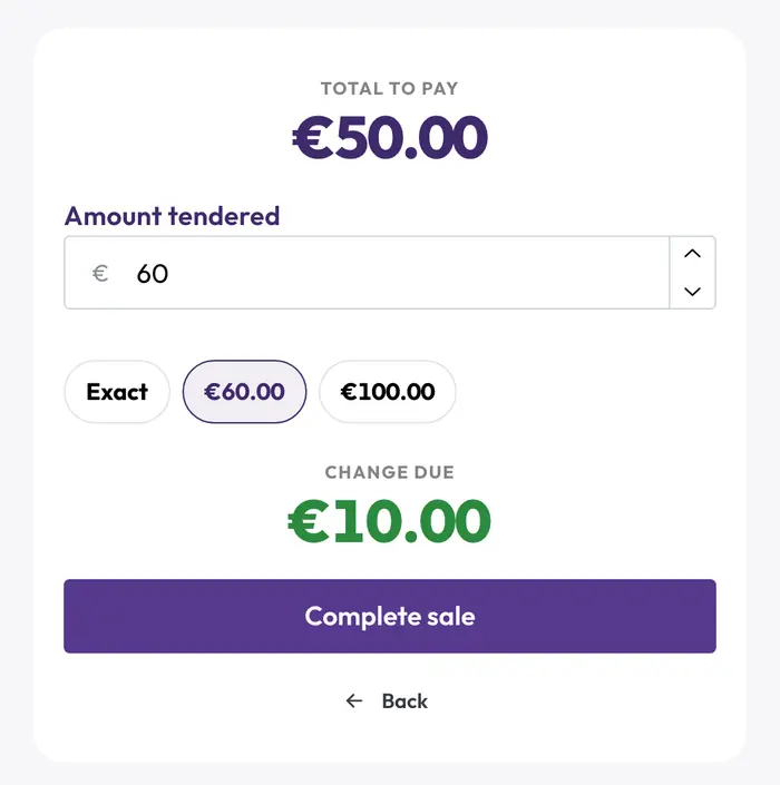 Cash tender for €50.00: €60 handed over, €10.00 change due.