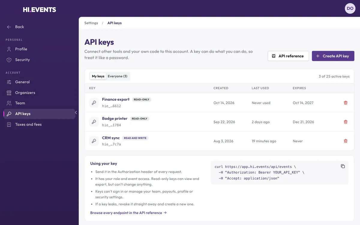 API keys in Hi.Events settings, with read-only and read and write keys for a CRM and a badge printer.