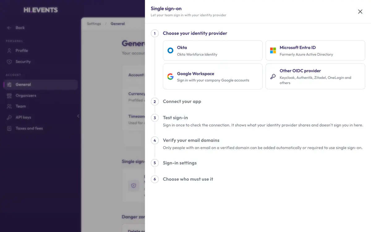 Setting up single sign-on in Hi.Events, choosing between Okta, Microsoft Entra ID, Google Workspace and another OIDC provider.