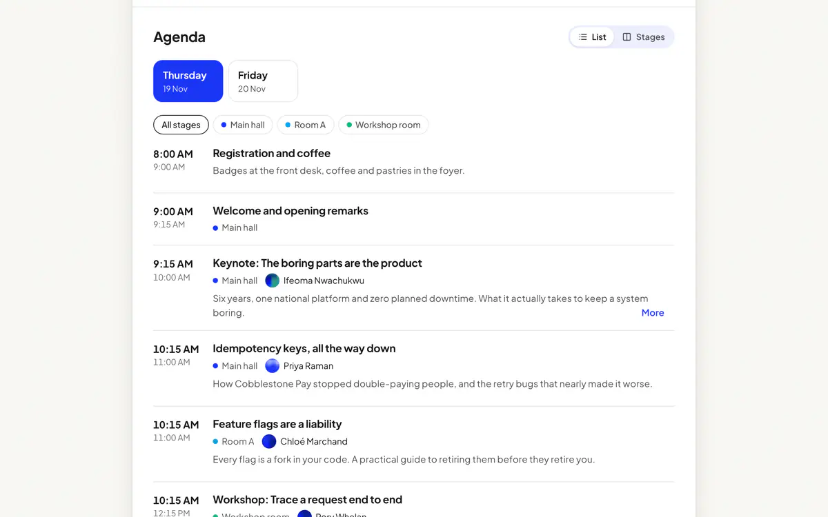 The agenda on a Hi.Events event page, with day tabs and a filter for each room.