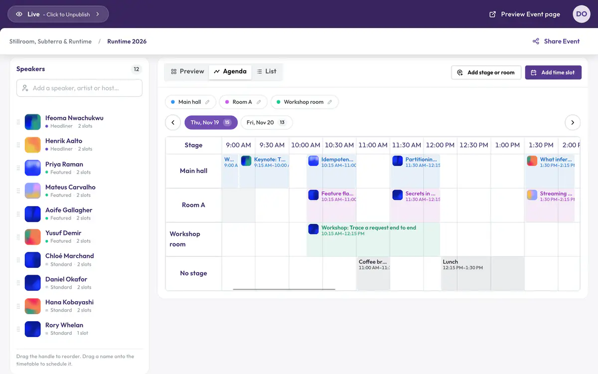 The Lineup and Schedule page in Hi.Events: speakers billed as Headliner, Featured or Standard, and a conference day with parallel sessions in three rooms.