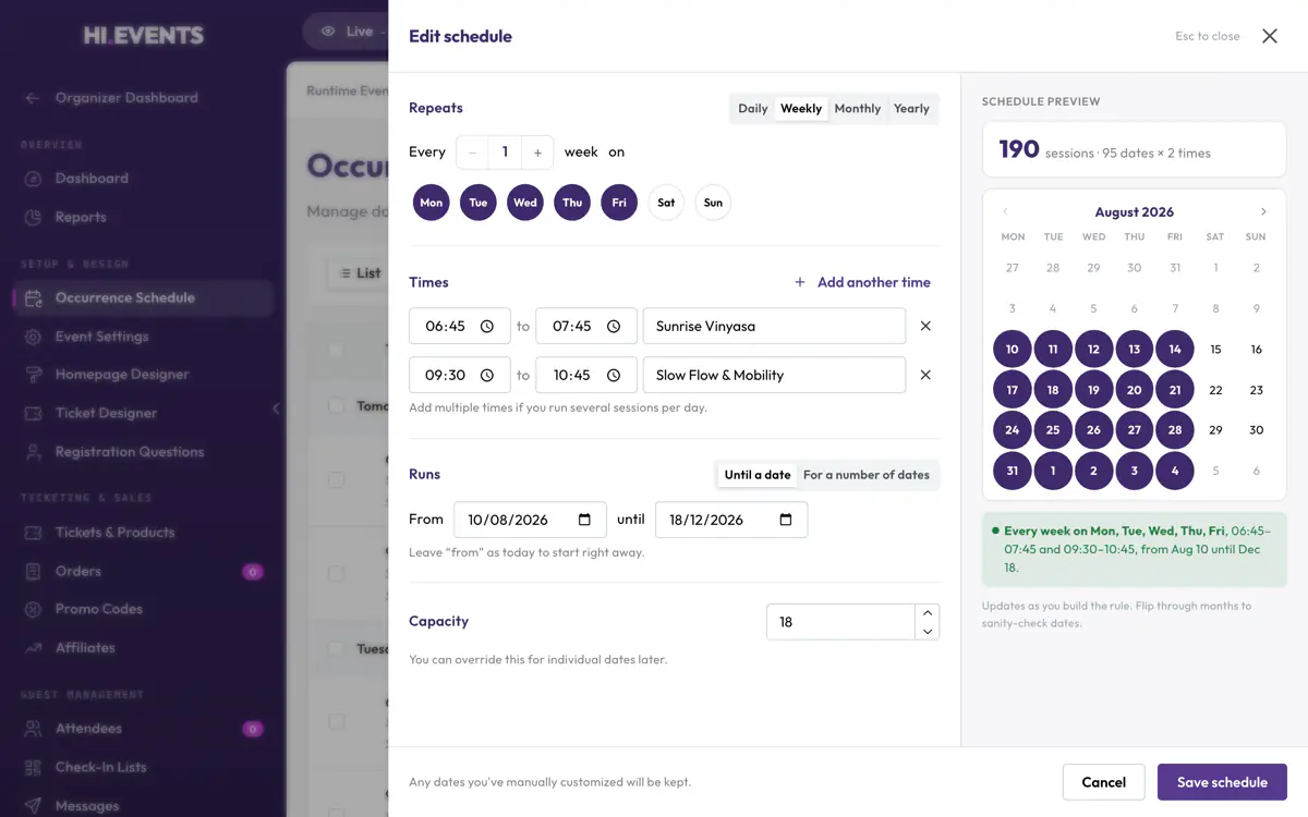 The schedule form for a recurring event, with a weekly rule and a count of 190 sessions.