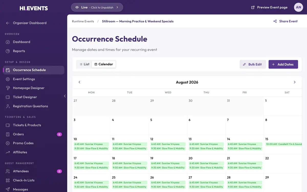 A recurring event's dates laid out across a month in the Hi.Events calendar view.