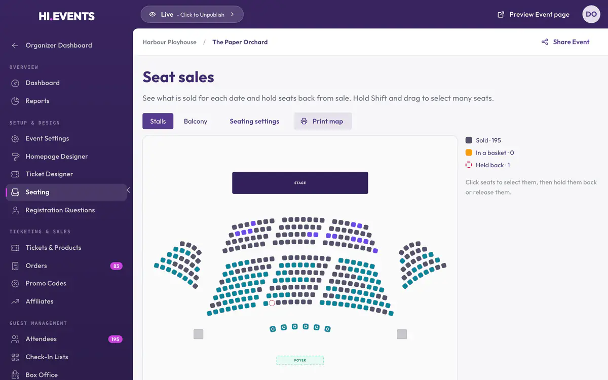 The seat sales view for The Paper Orchard, with sold, in-basket and held-back seats.
