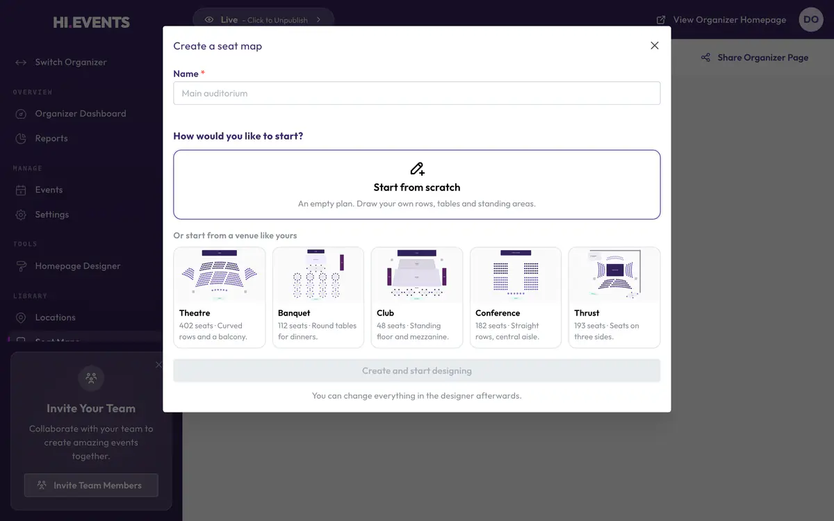 The Create a seat map dialog in Hi.Events, offering theatre, banquet, club, conference and thrust templates.