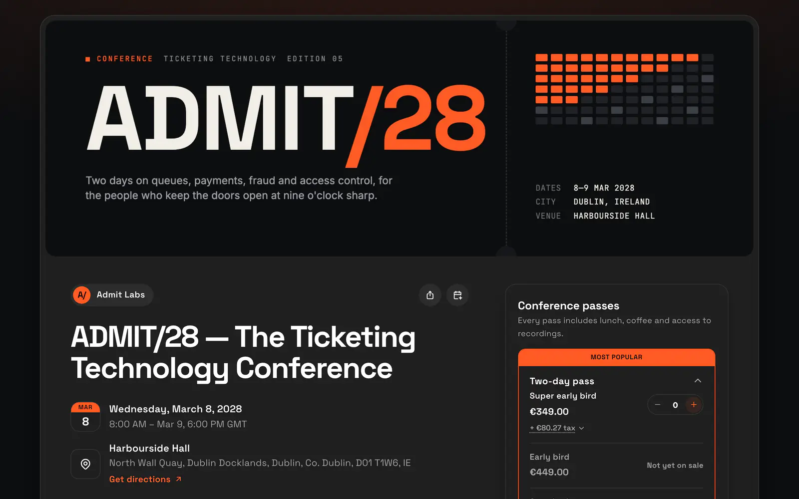 A Hi.Events event page for a conference, with its own cover art, dates and venue.