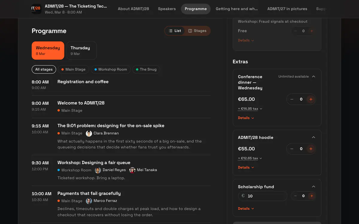 The ADMIT/28 conference programme on a Hi.Events event page, with day tabs and a filter for each room.