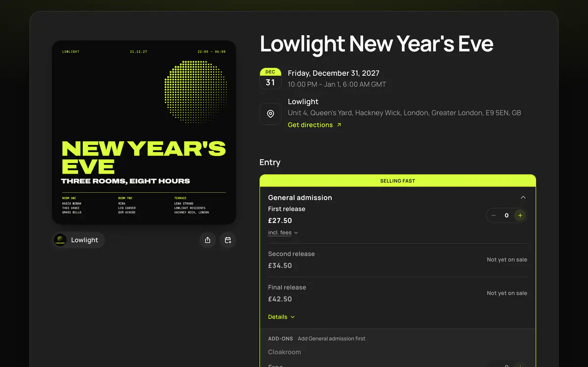 The Lowlight New Year's Eve event page on Hi.Events, with the club's flyer, the date and venue, and three ticket releases.