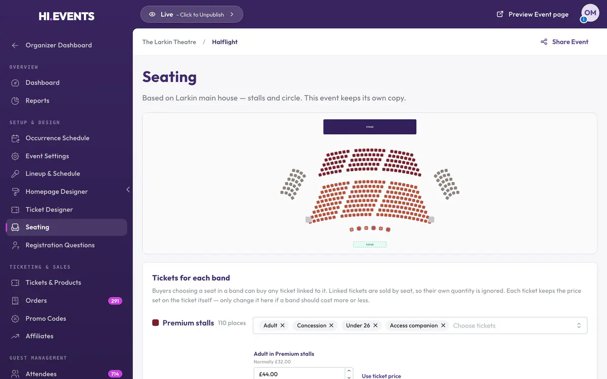Linking Halflight's Adult, Concession and Under 26 tickets to the price bands on its seat map.