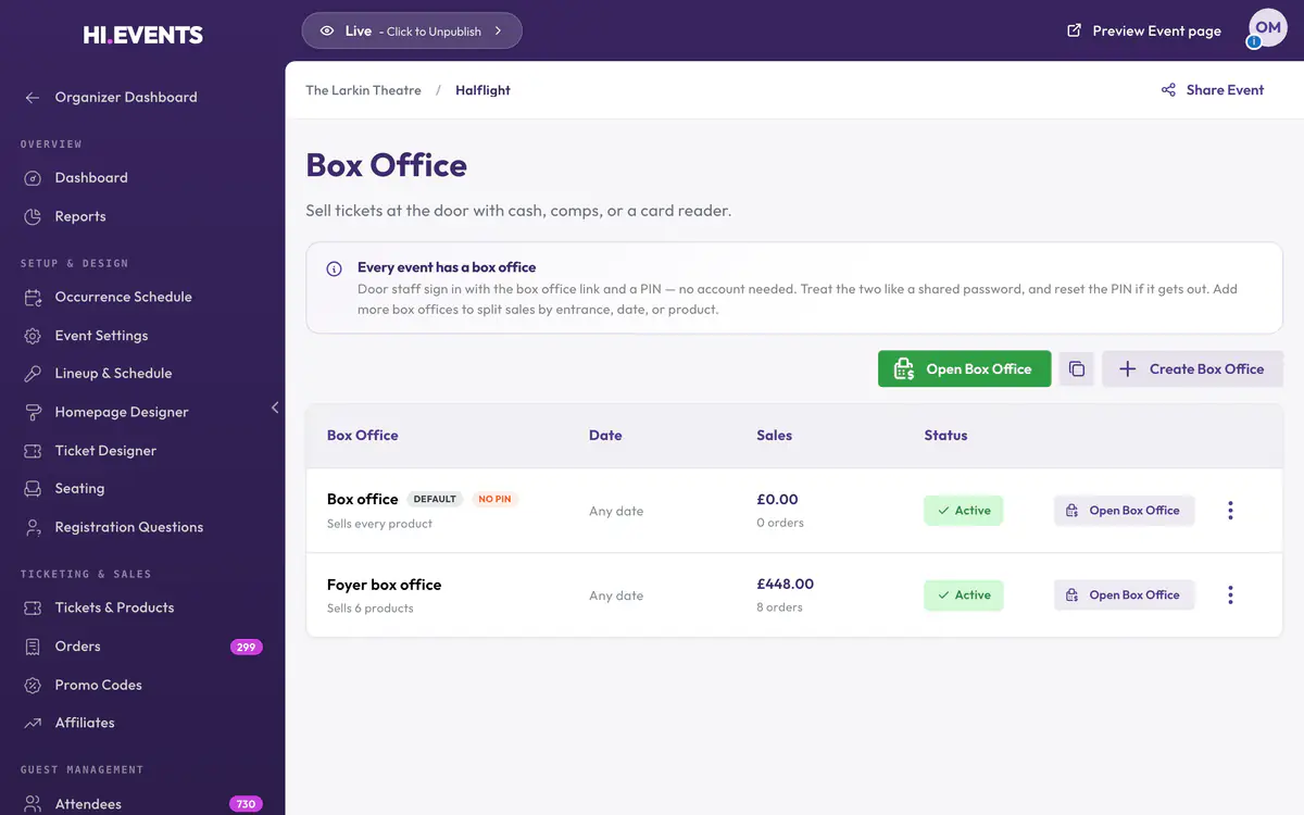 The Box Office tab for Halflight, showing the default box office and the Foyer box office with its sales.
