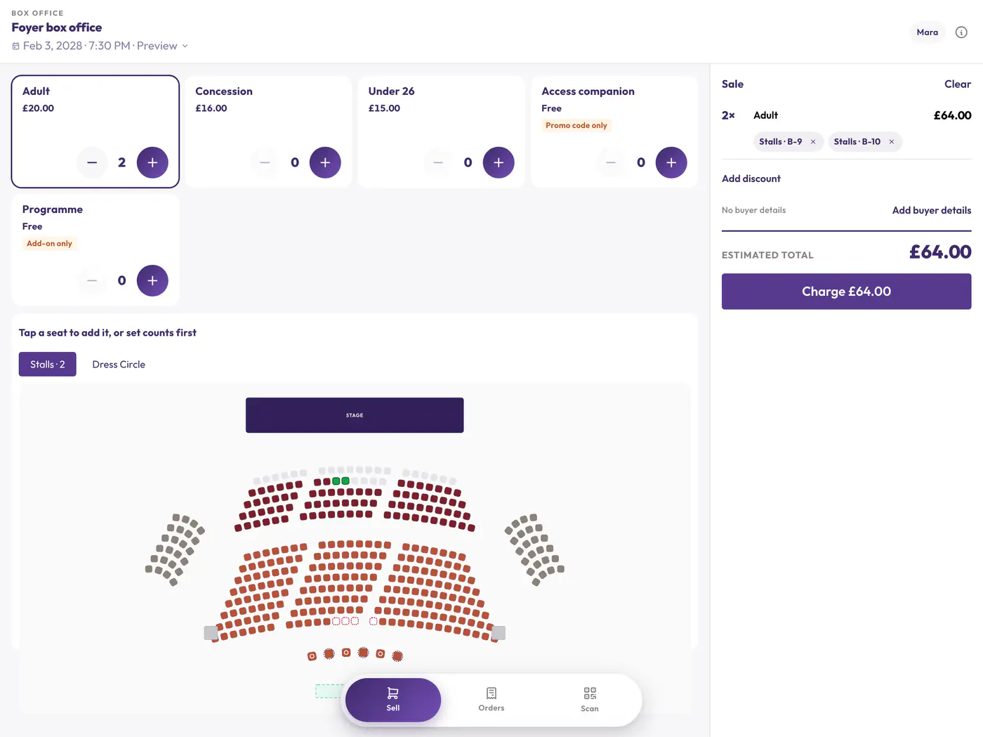 The Hi.Events box office on a tablet, with two stalls seats picked on the seat map.