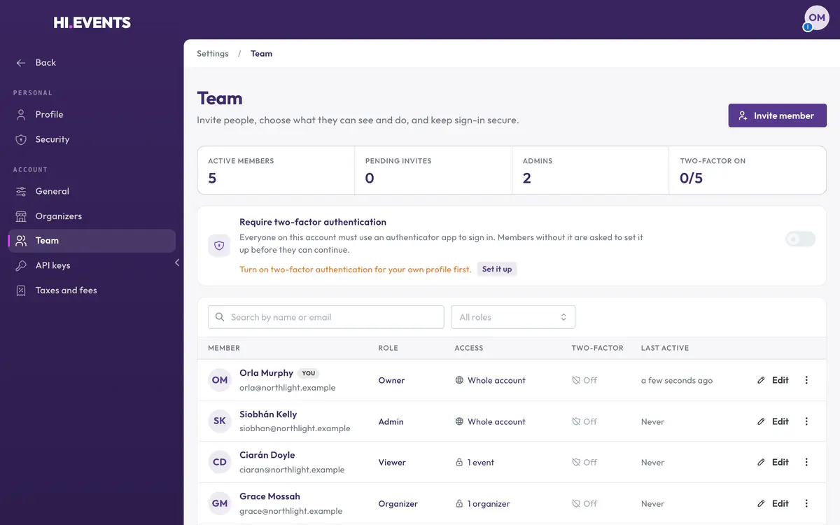 The Team page in Hi.Events, with Admin, Organizer and Viewer members and the access each one has.