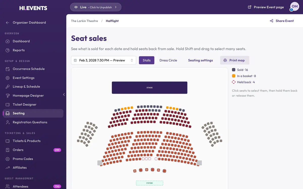The seat sales view for Halflight, with sold seats and the seat map for one performance.
