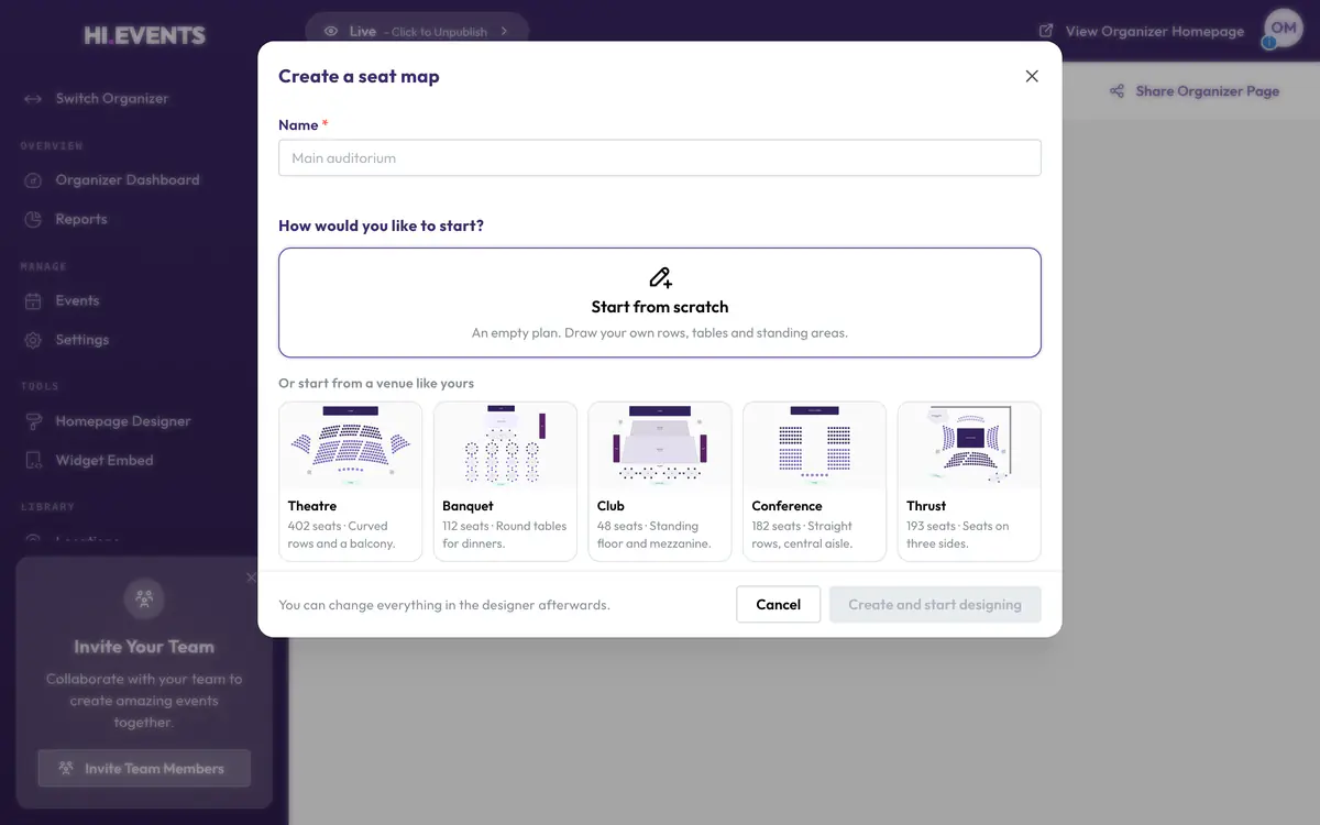 The Create a seat map dialog in Hi.Events, offering theatre, banquet, club, conference and thrust templates.