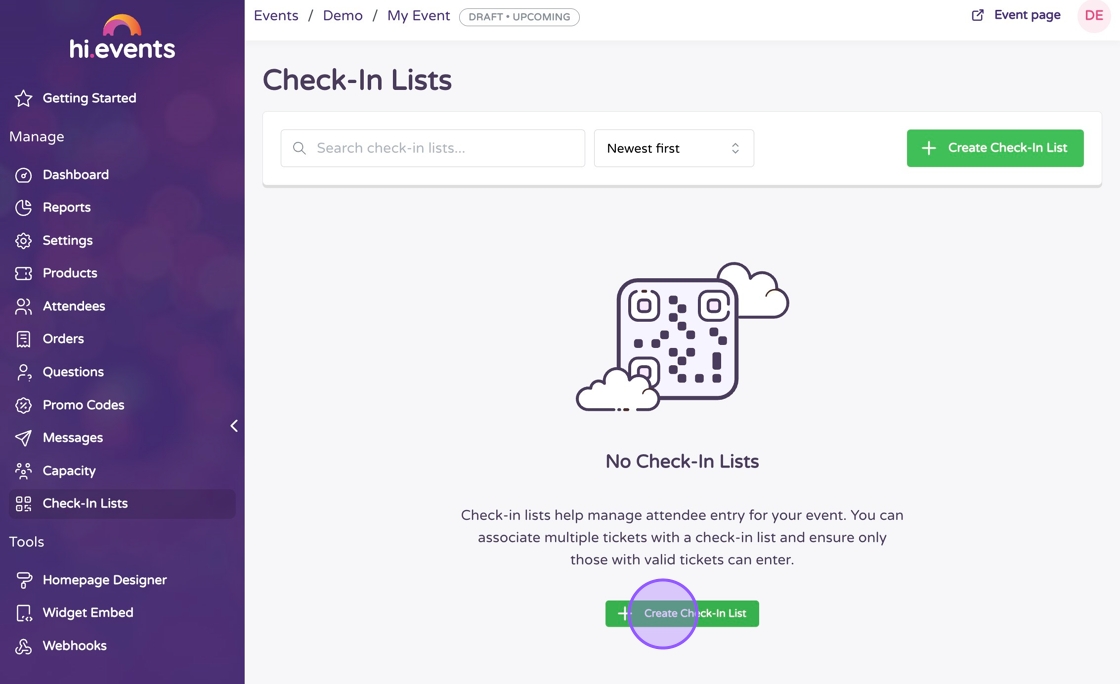 Event dashboard showing the Create Check-In List button