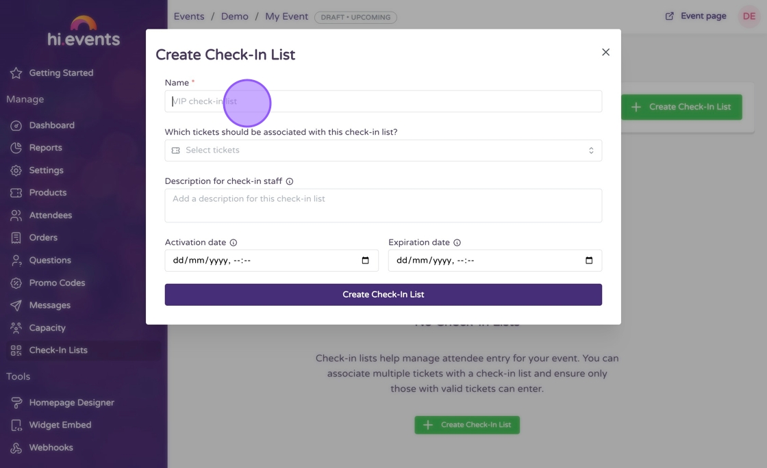Check-in list creation form showing name input field