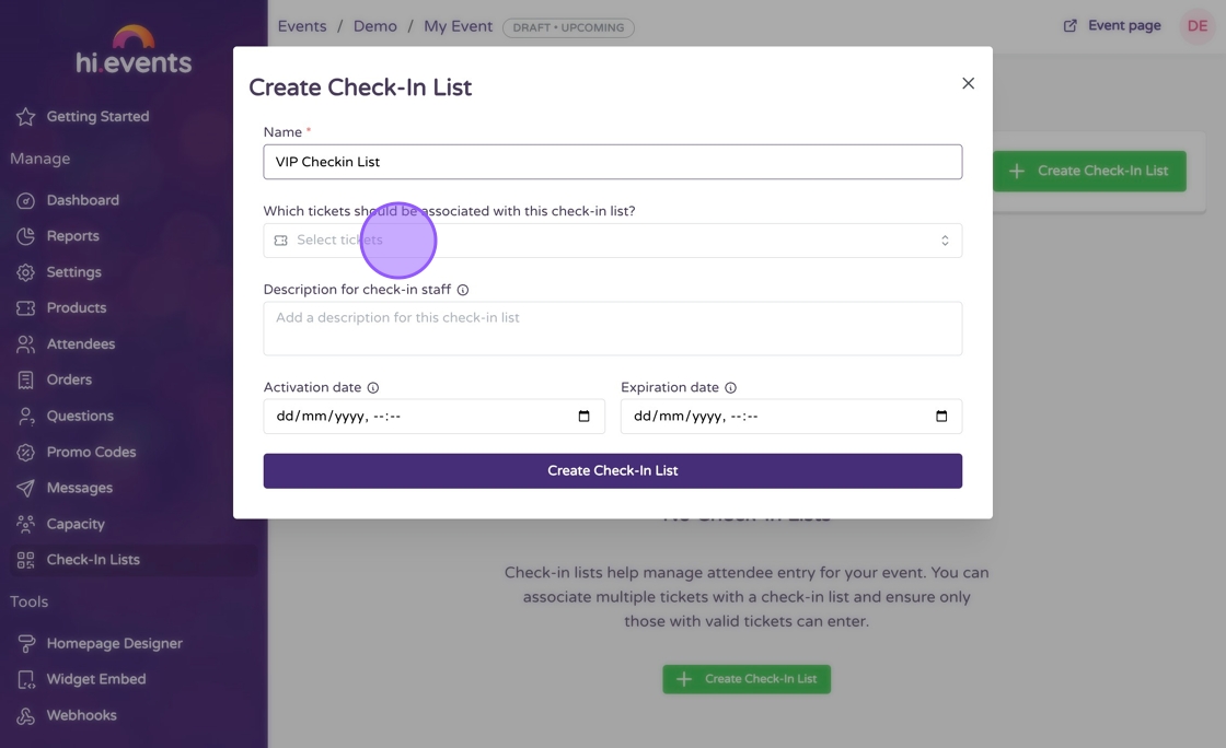 Ticket type selection interface for check-in list