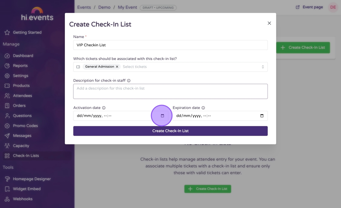 Date selection fields for list activation and expiration