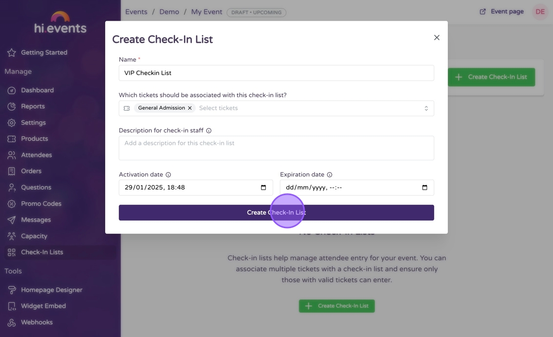 Create Check-In List button highlighted