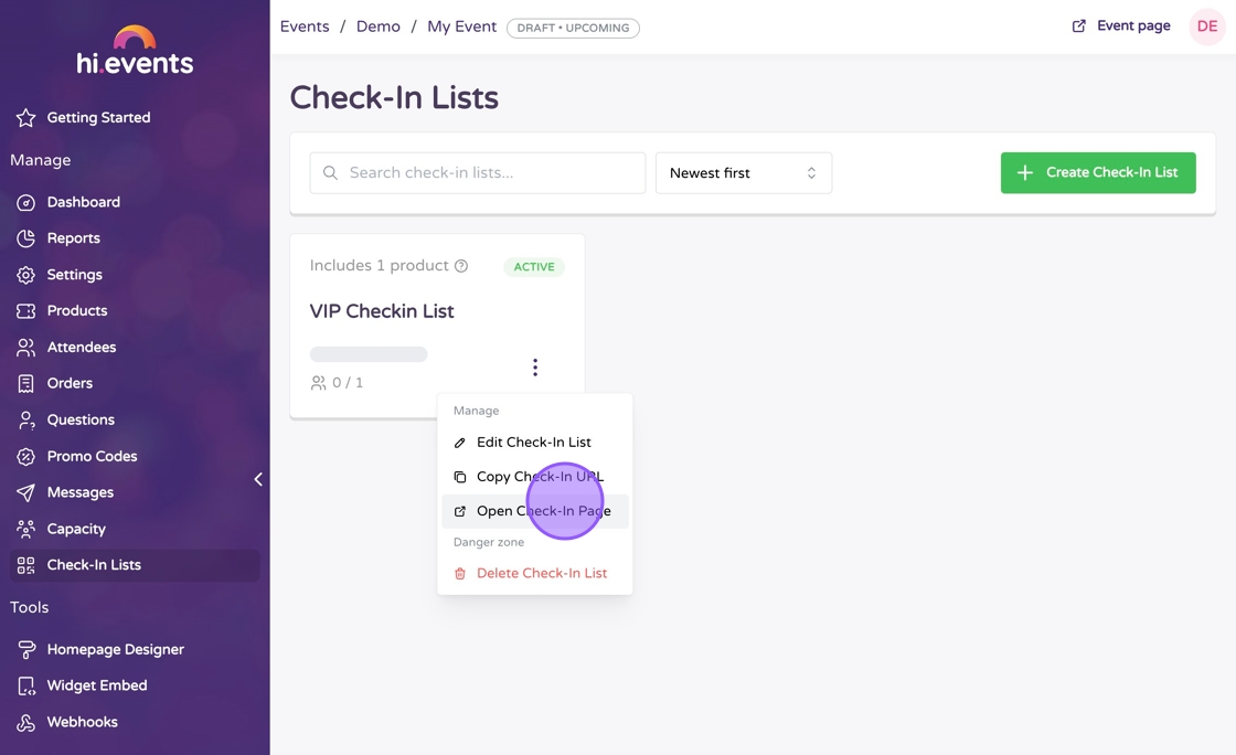 Dropdown menu showing Open Check-In Page option